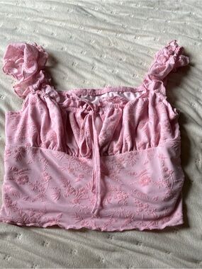 Pink Embroidered Ruffle Crop Top